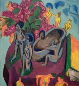 Stilleben med skulpturer og blomster af Ernst Ludwig Kirchner