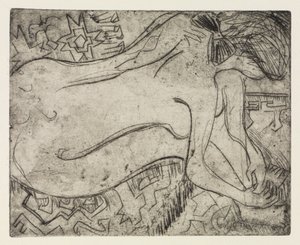 Wannsee ved Potsdam med motorbåd/Nøgen kvinde under pedicure af Ernst Ludwig Kirchner