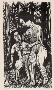 To nøgne piger med blomster i skoven. 1923