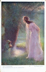 Frøprinsen giver prinsessen den gyldne kugle, han fandt i dammen. (Begyndelsen af det 20. århundrede)