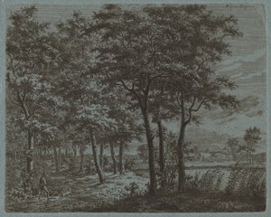 Landskab med en bonde, der bærer brænde, ca. 1800.