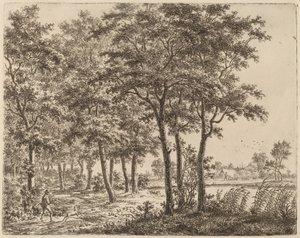 Landskab med en bonde, der bærer brænde, ca. 1800.