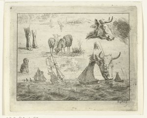 Studieark med havlandskab, to kohoveder, får, en hund og to ben af Ernst Willem Jan Bagelaar