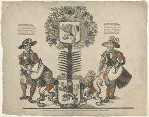 Træ med to våbenskjolde, en tambur på hver side af Erven Weduwe Gijsbert de Groot