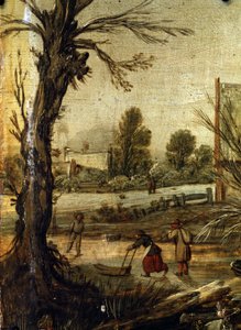 Vinter, detalje (Vinter). Maleri af Esalas van de Velde (1591-1630). Olie på træ, 37,5 x 35,5 cm