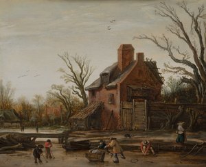 Vinterlandskab med bondegård