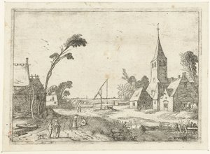 Landsbyudsigt med gårde, kirke og brønd Landskabslandskaber (serietitel) af Esaias van de Velde