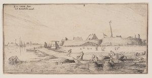 Fiskere i robåde foran en befæstet by, fra Landskaber