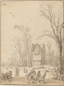 Landsbyboere, der skøjter på en frossen dam af Esaias van de Velde