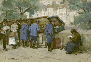 Franske soldater og bouquinister langs Seinen, 1917 (wc på lysegråt papir) af Ethel Hunter