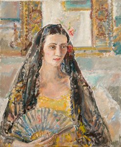 Dame med vifte, exh. 1926 (olie på lærred) af Ethel Walker
