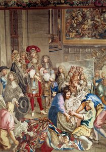 Besøg af Ludvig XIV til Manufacture des Gobelins i nærværelse af Jean Baptiste (Jean-Baptiste) Colbert (1619-1683) (i profil, til højre for kongen) og maleren Charles Lebrun (Le Brun) (1619-1690) ), 15. oktober af Etienne (studio of) Le Blond