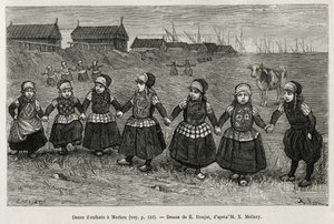 Børnedanse i Marken (Holland), gravering efter en tegning af E. Ronjat, for at illustrere historien om Neerlande, af Charles de Coster, i 1878, udgivet i tour du monde, under ledelse af Edouard Charton af Etienne Antoine Eugene Ronjat