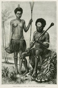 Fijian par. Gravering af E.Ronjat til illustration af historien Promenades en Oceanie, af Aylic Marin, i le tour du monde 1887, instrueret af Edouard Charton (1807-1890), Hachette, Paris. af Etienne Antoine Eugene Ronjat