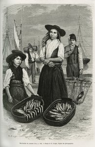 Fiskehandlere, iført det traditionelle damekostume: kort nederdel og plisseret, overdel med sølvknapper, dækket med en bred sort filthat. Indgravering af E.Ronjat, for at illustrere historien en uge i Lissabon, af Jules Leclercq, udgivet i Tour du af Etienne Antoine Eugene Ronjat