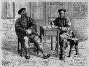Gå spillere i gaderne i Pekin (Beijing) i det 19. århundrede. Gravering efter en tegning af Ronjat, efter et fotografi af doktor Morache, i "Le Tour du Monde, Nouveau journal des Voyages", redigeret af Edouard Charton, Paris af Etienne Antoine Eugene Ronjat