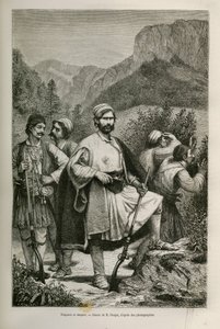 Græske soldater og hyrder, medskyldige i bjergene, tegning af E.Ronjat, for at illustrere historien om Henri Belle: Rejsen til Grækenland