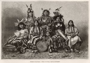 Indiske krigere og deres koner (Texas). Gravering efter tegningen af E.Ronjat, for at illustrere historien La conquete blanche, af William Hepworth Dixon, i 1875, udgivet i "" Le tour du monde""" 1876, redigeret af Edouard Charton, Hachette-udgaven, Paris. af Etienne Antoine Eugene Ronjat