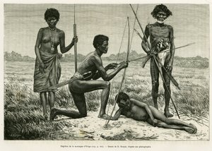Negritos fra Yriga-bjerget. Gravering af E.Ronjat for at illustrere historien Lucon og Palaouan, seks år i Filippinerne, af Alfred Marche (1844-1898), i le tour du monde 1886, instrueret af Edouard Charton (1807-1890), Hachette, Paris. af Etienne Antoine Eugene Ronjat