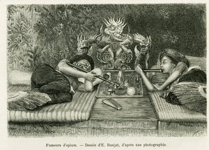 Opium rygere. Gravering af E.Ronjat, efter et fotografi, for at illustrere historien Trente mois au Tonkin i 1884, af Doctor Hocquard, i le tour du monde 1889, instrueret af Edouard Charton (1807-1890), Hachette, Paris. af Etienne Antoine Eugene Ronjat