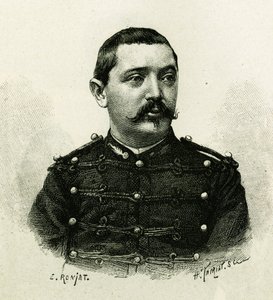 Portræt af kaptajn Pietri, af flådeartilleriet, under ekspeditionen til Afrika 1879-1882, under kommando af Gallieni. Gravering af E. Ronjat, fra et fotografi, for at illustrere historien "Exploration du Haut Niger (Haut Niger)" (nuværende Mali) af af Etienne Antoine Eugene Ronjat