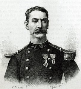 Portræt af kommandør Joseph Gallieni under ekspeditionen i Afrika (1879-1882). Gravering af E. Ronjat efter et fotografi, for at illustrere historien "Exploration du Haut Niger (Haut Niger)" (nuværende Mali) af kommandør Joseph Gallieni (1849-1916) fra th. af Etienne Antoine Eugene Ronjat