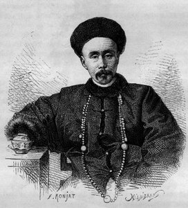 Portræt af Li Hongzhang (1832-1901), kinesisk general og vicekonge (vicekonge) af Zhili fra 1871 til 1895 og fra 1900 til 1901. Indgravering fra en tegning af Ronjat, fra et fotografi af Thomson, i "" Le Tour du Monde, Nouveau journal des Voyages””, redige af Etienne Antoine Eugene Ronjat