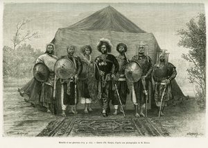 Portræt af prins Menelik II af Etiopien (1844-1913), omgivet af hans generaler. Gravering af Ronjat, efter et fotografi, for at illustrere historien Voyage au Choa (Abyssinie meridionale)