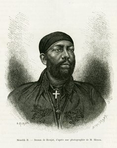 Portræt af prins Menelik II af Etiopien (1844-1913). Gravering af Ronjat, efter et fotografi, for at illustrere historien Voyage au Choa (Abyssinie meridionale)