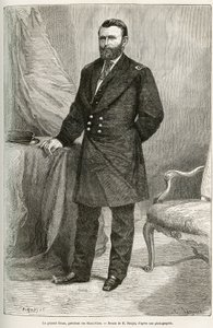 Portræt af Ulysses Grant (1822-1885), amerikansk general, leder af unionstropper under løsrivelseskrigen og 18. præsident for USA (USA) i to valgperioder fra 1869 til 1877. Indgravering efter tegningen af E.Ronjat, til illustrere stoen af Etienne Antoine Eugene Ronjat