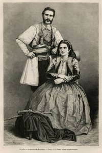 Portrætter af prinsen af Montenegro Nicholas I Petrovicz Niegosch (1841-1921) og hans kone, Milena, født Voukovich (1847-1923), tegning af E.Ronjat, for at illustrere rejsen til Montenegro, i 1874, af Charles Yriarte (1832) -1898). Gravering i Le tour du af Etienne Antoine Eugene Ronjat