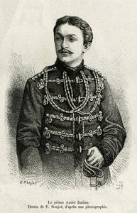 Prins Andre Dadian af Mingrelie (1850-1910), general for den russiske hær og skakmester. Indgravering af E. Ronjat, for at illustrere historien Un tour en Mingrelie (region i Georgien, der strækker sig mellem Kaukasus og Rion), af Carla Serena, i 1876-187 af Etienne Antoine Eugene Ronjat
