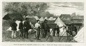 Gennemgang af optisk telegrafi apparater. Gravering af E.Ronjat, for at illustrere historien Trente mois au Tonkin, i 1884, af læge Paul Hocquard, i le tour du monde 1890, under ledelse af Edouard Charton (1807-1890), Hachette, Paris. af Etienne Antoine Eugene Ronjat