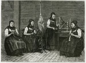 Sondernach spredere, beskrivelse af de forskellige stadier af spinding, hånd, spindel og spindel. Gravering af E.Ronjat, for at illustrere historien "Atravers l