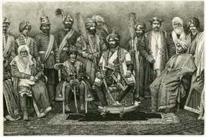 Kashmir maharajah, Rambhir Sing og hans hof. Gravering af E. Ronjat, for at illustrere historien "Portræt af en parisisk kvinde i det vestlige Himalaya", i 1881, af Marie de Ujfalvy-Bourdon (Ujfalvy Bourdon). Udgivet i Tour du monde, 2. semester af Etienne Antoine Eugene Ronjat