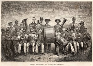 Bandet af børnene fra Gabon-missionen. Gravering efter tegningen af E. Ronjat, til illustration af krydstogtet på Afrikas kyst, af viceadmiral Fleuriot de Langle, i 1868, udgivet i "" Le tour du monde"" 1876, redigeret af Edouard Charton, Hachet af Etienne Antoine Eugene Ronjat