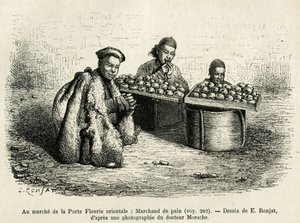 Brødhandleren, ved foden af den orientalske blomsterport i Kejserpaladset i Pekin, en aktuel scene i hverdagen. Gravering efter tegningen af E. Ronjat, for at illustrere rejsen til Pekin og Nordkina, af T.Choutze, i 1873, udgivet i af Etienne Antoine Eugene Ronjat
