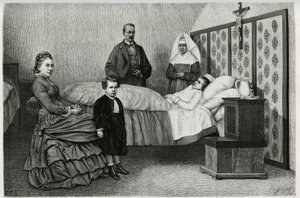 Lægekonsultationen på Logelbach hospice. Gravering af E.Ronjat, for at illustrere historien "Gennem Alsace og Lorraine", i 1884, af Charles Grad (1842-1890), tysk deputeret, forfatter og naturforsker. Udgivet i Le Tour du monde, nouveau journal d af Etienne Antoine Eugene Ronjat