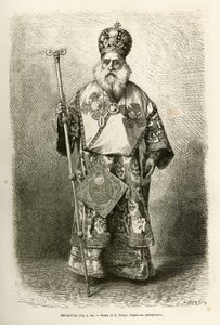 Metropolitan eveque af den nye katedral i Athen. Gravering efter tegningen af E. Ronjat, til illustration af rejsen til Grækenland, af Henri Belle, i 1861-1868-1874, udgivet i "" Le tour du monde""" 1876, redigeret af Edouard Charton, Hachette-udgaven, af Etienne Antoine Eugene Ronjat