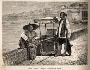 To hvilende bærere ved siden af deres kørestol i Hong Kong, gravering efter en tegning af E. Ronjat, der illustrerer rejsen til Kina, af J. Thompson, i 1870-1872, udgivet i "" Le tour du monde""" 1875, redigeret af Edouard Charton, Hachette-udgaven, Paris. af Etienne Antoine Eugene Ronjat