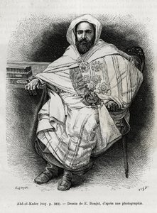 portræt af Abd El Kader (1808-1883) algerisk emir og sultan, sufiteolog, politiker og militær modstand mod den franske kolonihær, også forfatter, digter og filosof. Gravering af E.Ronjat, for at illustrere historien La Syria d