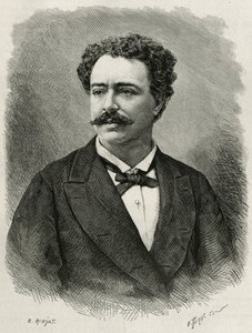 portræt af forfatteren og rejsende Edmondo de Amicis (1846-1908), italiensk forfatter, gravering af E.Ronjat, for at illustrere historien om Marokko af Edmondo de Amicis, i 1875, udgivet i tour du monde, under ledelse af Edouard Charton af Etienne Antoine Eugene Ronjat