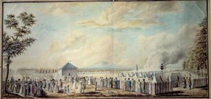 Fransk revolution: ""Militærlejr for Mars-skolen for de fremtidige ledere af den republikanske hær"" Akvarel af Etienne Bericourt (1700-tallet) 1794 Paris, B.N.