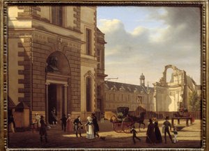 Indgang til Louvre-museet og ruinerne af Saint Louis du Louvre. Udsigt over Paris. Maleri af Etienne Bouhot (1780-1862)