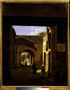 Gården til et kørehus i rue Saint Denis kendt som gården Sainte Catherine Scene i 1. arrondissement i Paris. Maleri af Etienne Bouhot (1780-1862) 1832 søn. 0,27x0,22 m Paris, Musee Carnavalet.
