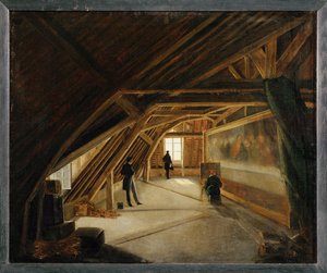 Udsigt til loftet på et museum med en kopist i arbejde ...