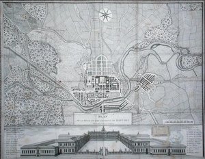 Kort over byen Rastadt, dens omgivelser og slottet (gravering) af Etienne Claude Voysard