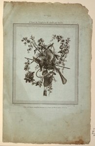 Trofæ med jagtens redskaber, plade 1 fra "Suite de Trophées de chasse," Suite VI af Etienne Claude Voysard