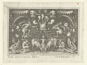 Abraham kommer til at ofre Isak Overfladedekorationer med scener fra Det Gamle Testamente i en grotesk ramme (serietitel) af Etienne Delaune