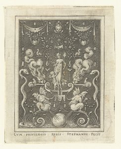 Venus med Amor mellem fire brændende hjerter Overfladedekorationer med gudefigurer i en ramme af grotesker (senere version) (serietitel) af Etienne Delaune
